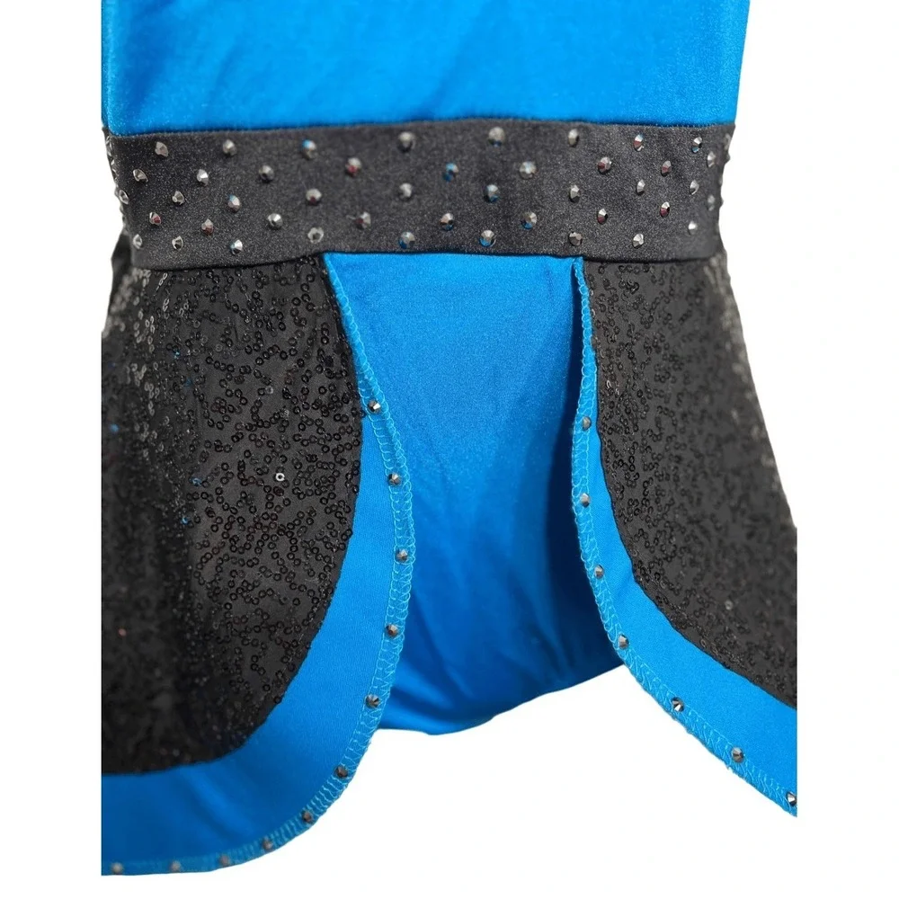 Kelle Majorette Costume Teen Blue Black Sequin Fringe Baton Color Guard Dance